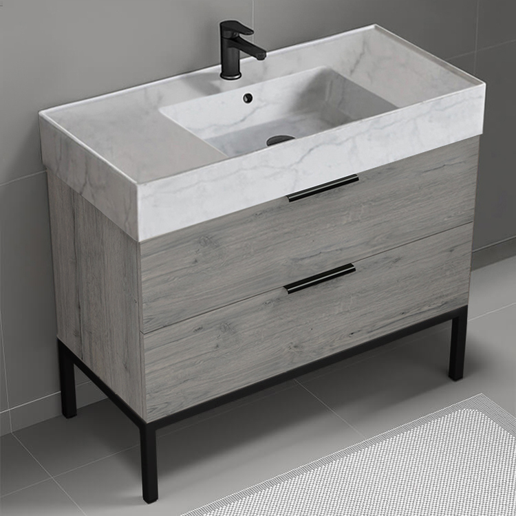 Nameeks DERIN758 Grey Oak Bathroom Vanity With Marble Design Sink, Free Standing, Modern, 40 Inch